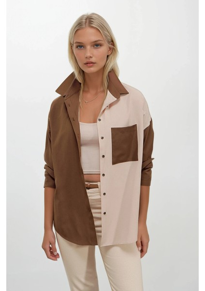 Kadın Kahverengi Krem Renk Bloklu Oversize Poplin Basic Gömlek HZL22S-BD1201161