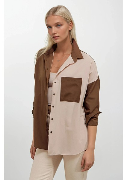 Kadın Kahverengi Krem Renk Bloklu Oversize Poplin Basic Gömlek HZL22S-BD1201161 modelleri