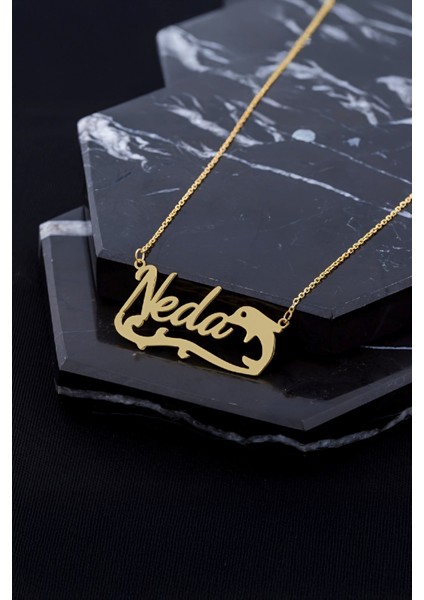 Altın Kaplama Yunus Motifli Çift İsimli Gümüş Bayan Kolye