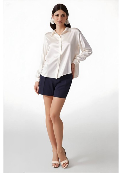 Kadın Krem Hafif Dökümlü Saten Yüzeyli Gömlek HZL22W-BD139641 modelleri