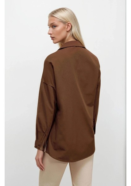 Kadın Kahverengi Krem Renk Bloklu Oversize Poplin Basic Gömlek HZL22S-BD1201161 indirimleri