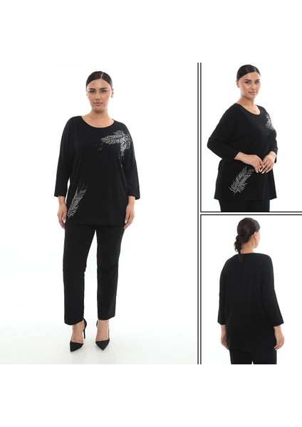 Yaprak Desenli Çeyrek Kol Viskon