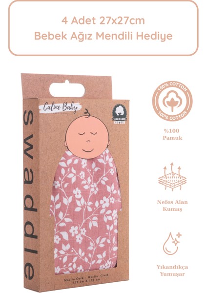 %100 Pamuk Premium & Hafif Müslin Bezi Örtüsü I 120x120 cm I Gülkurusu I Menekşe Desenli & 4 Adet Ağız Mendili 27x27cm