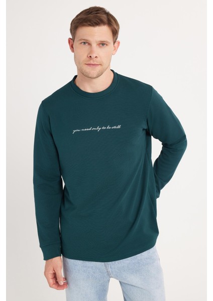 Erkek Standart Fit Pamuklu Bisiklet Yaka Şardonlu Baskılı Yeşil Sweatshirt