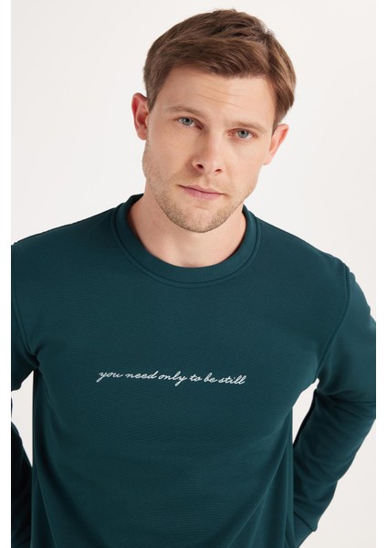 Erkek Standart Fit Pamuklu Bisiklet Yaka Şardonlu Baskılı Yeşil Sweatshirt fiyatları