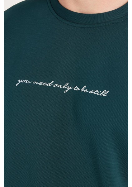 Erkek Standart Fit Pamuklu Bisiklet Yaka Şardonlu Baskılı Yeşil Sweatshirt modelleri
