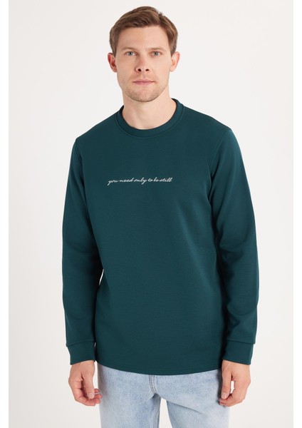 Erkek Standart Fit Pamuklu Bisiklet Yaka Şardonlu Baskılı Yeşil Sweatshirt fırsatları