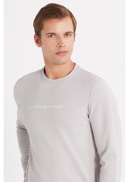 Erkek Standart Fit Pamuklu Bisiklet Yaka Şardonlu Baskılı Açık Gri Sweatshirt fiyatları