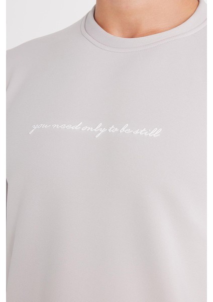 Erkek Standart Fit Pamuklu Bisiklet Yaka Şardonlu Baskılı Açık Gri Sweatshirt modelleri