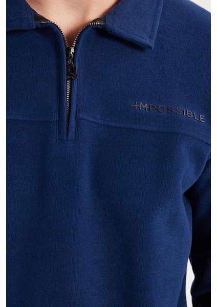 Erkek Standart Fit Pamuklu Selanik Kumaş Yarım Fermuarlı Polo Yaka Baskılı Indigo Sweatshirt modelleri
