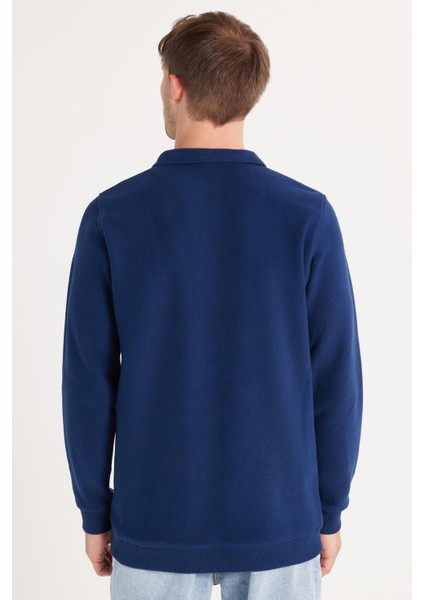 Erkek Standart Fit Pamuklu Selanik Kumaş Yarım Fermuarlı Polo Yaka Baskılı Indigo Sweatshirt indirimleri