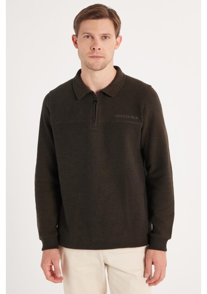 Erkek Standart Fit Pamuklu Selanik Kumaş Yarım Fermuarlı Polo Yaka Baskılı Kahverengi Sweatshirt fırsatları