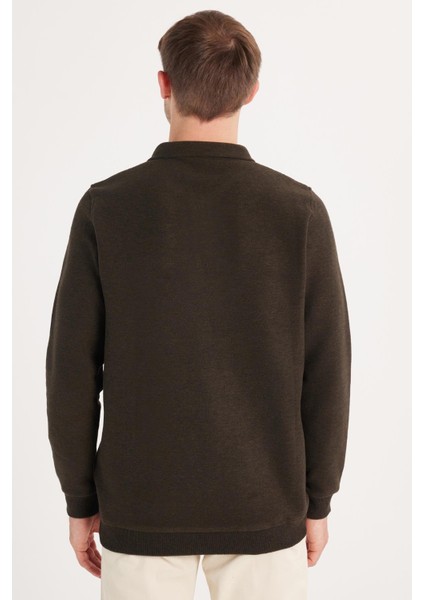 Erkek Standart Fit Pamuklu Selanik Kumaş Yarım Fermuarlı Polo Yaka Baskılı Kahverengi Sweatshirt indirimleri