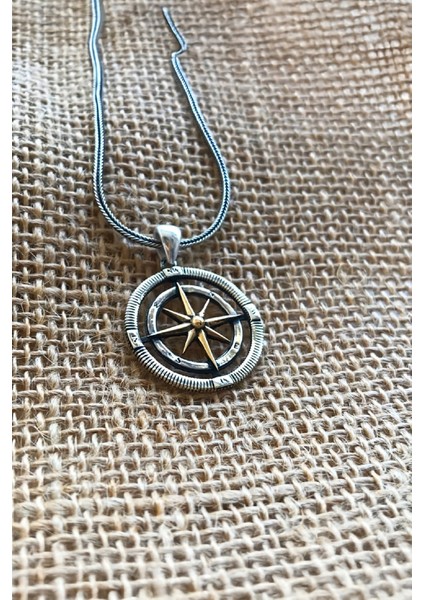 Özel Tasarım Oksitli Pusula Gümüş Erkek Kolye