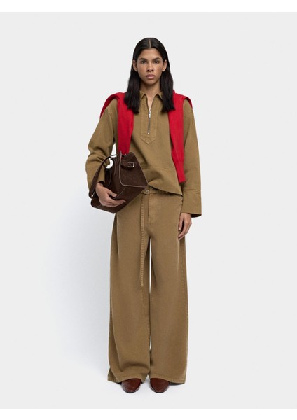 Kemerli Düz Denim Pantolon