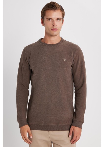 Erkek Slim Fit Dar Kesim Pamuklu Selanik Kumaş bisiklet Yaka kahverengi Sweatshirt fırsatları