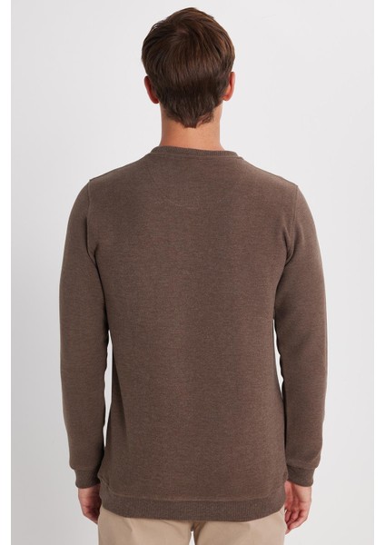 Erkek Slim Fit Dar Kesim Pamuklu Selanik Kumaş bisiklet Yaka kahverengi Sweatshirt indirimleri