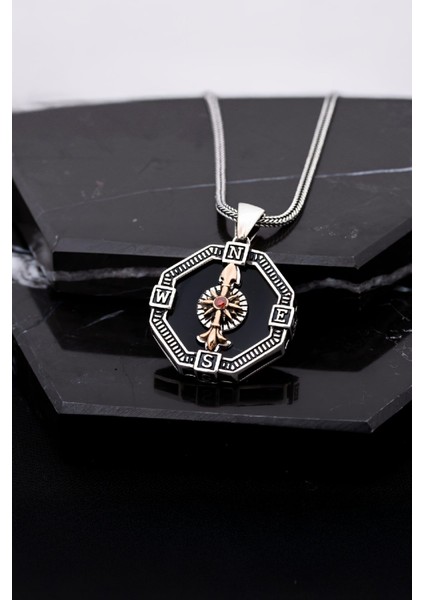 Gümüş Özel Tasarım Pusula Erkek Kolye