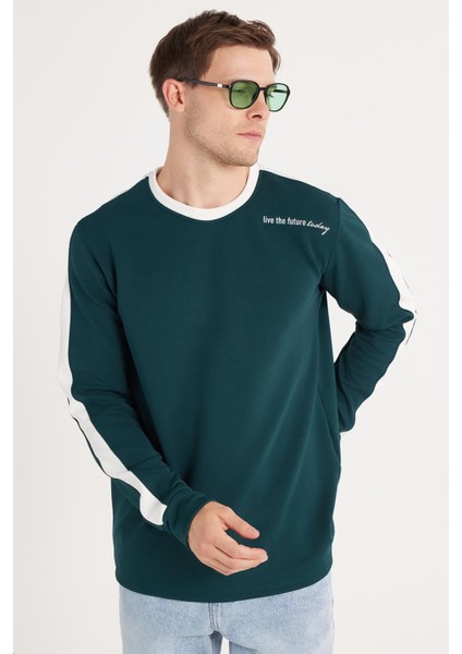 Erkek Standart Fit Pamuklu Jakarlı Bisiklet Yaka Baskılı Yeşil Sweatshirt