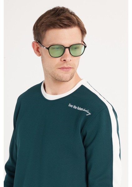 Erkek Standart Fit Pamuklu Jakarlı Bisiklet Yaka Baskılı Yeşil Sweatshirt fiyatları