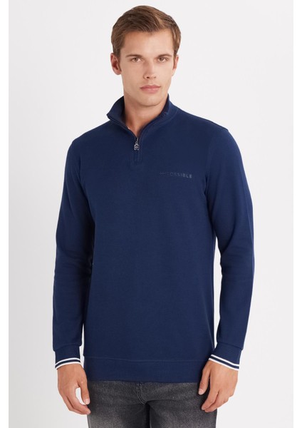 Erkek Slim Fit Dar Kesim Pamuklu Yarım Fermuarlı Dik Yaka Lacivert Sweatshirt