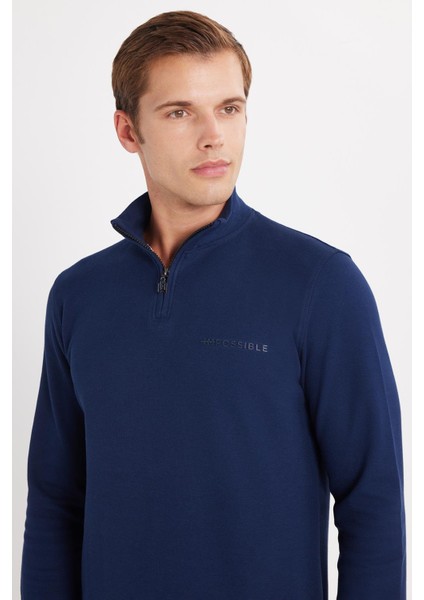 Erkek Slim Fit Dar Kesim Pamuklu Yarım Fermuarlı Dik Yaka Lacivert Sweatshirt fiyatları