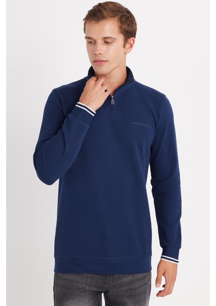 Erkek Slim Fit Dar Kesim Pamuklu Yarım Fermuarlı Dik Yaka Lacivert Sweatshirt fırsatları