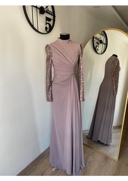 Krep Kolları Işleme Detaylı Abiye Elbise Vizon