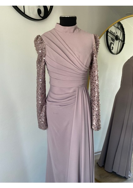 Krep Kolları Işleme Detaylı Abiye Elbise Vizon fiyatları