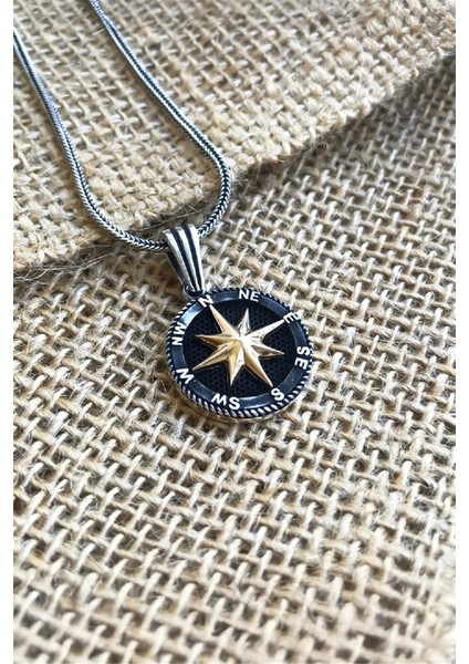 Özel Tasarım Oksitli Gümüş Pusula Erkek Kolye