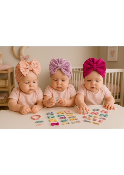 Fiyonklu Renkli Bebek Bone 3'lü Set- Pudra/mor/fuşya