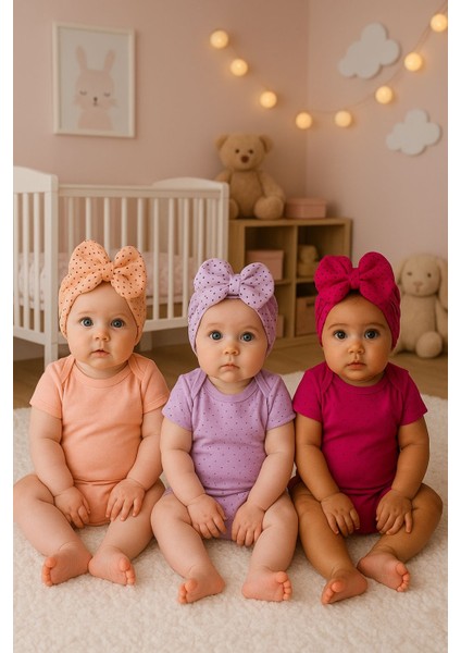Fiyonklu Renkli Bebek Bone 3'lü Set- Pudra/mor/fuşya modelleri
