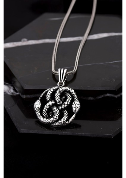 Gümüş Yılan Motifli Erkek Kolye