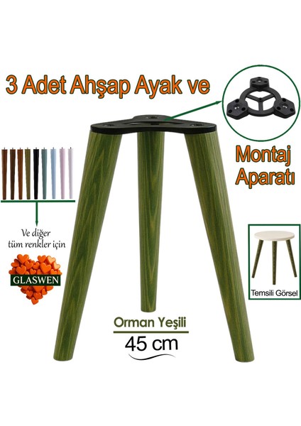 3 Adet Ahşap Ayak 45 cm Orman Yeşili M8 Civatalı Bağlantı Aparatlı Mobilya Tabure Sehpa Masa Destek Ayağı