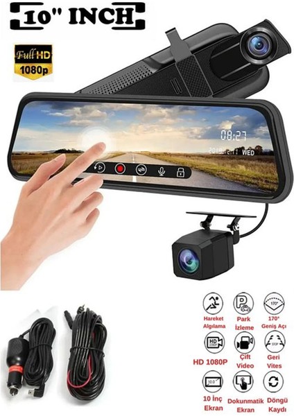 10 Inç Dikiz Aynası Araç Kamerası Full Hd 1080P Tam Ekran Dokunmatik Geri Görüş Kamerası
