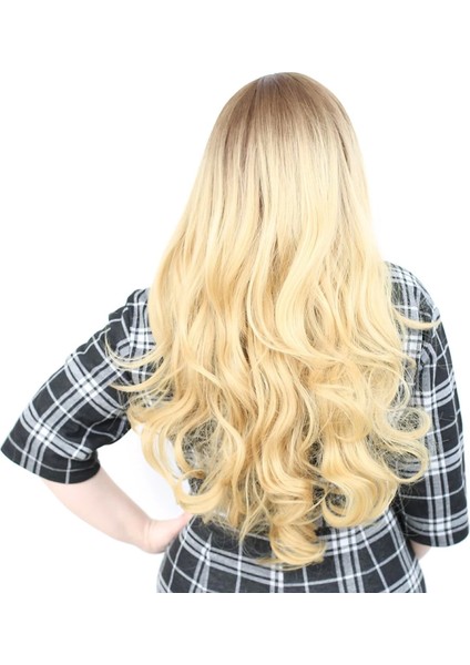 Yoğun Dalgalı Fiber Sentetik Uzun Perçemsiz Peruk - Kumral -Sarı Ombreli fırsatları