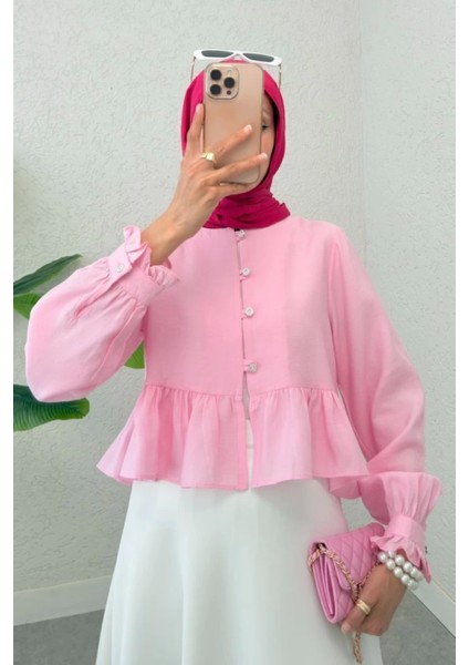 Eteği ve Kolu Fırfırlı Taşlı Düğmeli Modal Kumaş Gömlek -Pembe