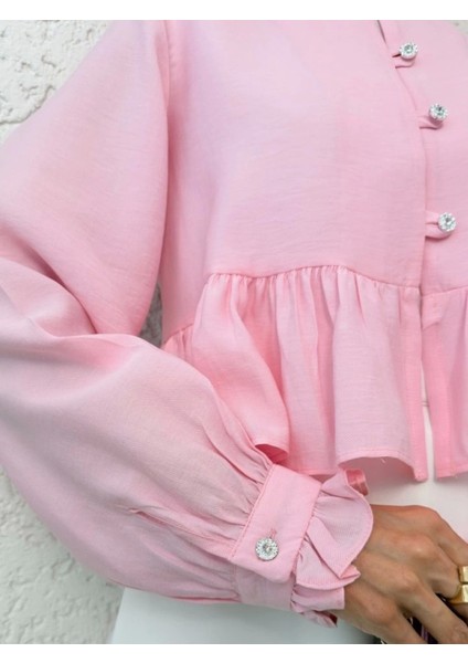 Eteği ve Kolu Fırfırlı Taşlı Düğmeli Modal Kumaş Gömlek -Pembe fiyatları