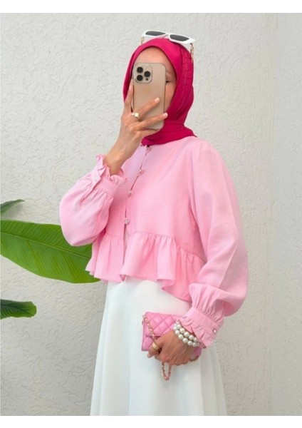 Eteği ve Kolu Fırfırlı Taşlı Düğmeli Modal Kumaş Gömlek -Pembe modelleri