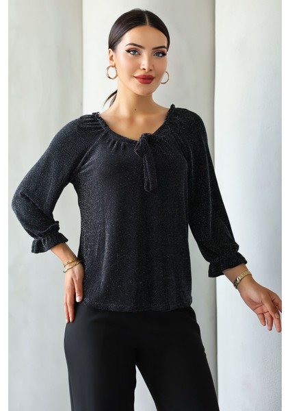 Moda Kadın Siyah Simli/taşlı/parlak/ışıltılı Bağlama Detaylı Uzun Kollu Bluz – Zarif Tasarım, Şık ve Rahat Kombinler Için