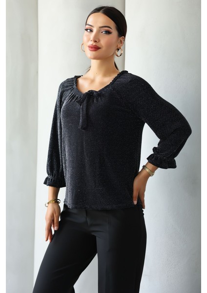 Moda Kadın Siyah Simli/taşlı/parlak/ışıltılı Bağlama Detaylı Uzun Kollu Bluz – Zarif Tasarım, Şık ve Rahat Kombinler Için fiyatları