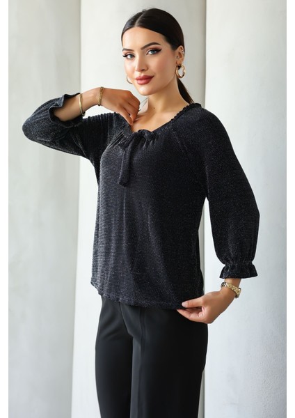 Moda Kadın Siyah Simli/taşlı/parlak/ışıltılı Bağlama Detaylı Uzun Kollu Bluz – Zarif Tasarım, Şık ve Rahat Kombinler Için modelleri