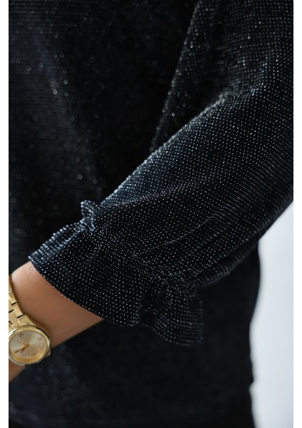Moda Kadın Siyah Simli/taşlı/parlak/ışıltılı Bağlama Detaylı Uzun Kollu Bluz – Zarif Tasarım, Şık ve Rahat Kombinler Için indirimleri