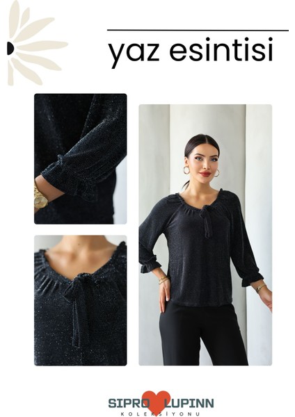 Moda Kadın Siyah Simli/taşlı/parlak/ışıltılı Bağlama Detaylı Uzun Kollu Bluz – Zarif Tasarım, Şık ve Rahat Kombinler Için