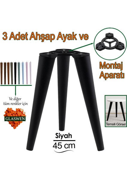 3 Adet Ahşap Ayak 45 cm Siyah M8 Civatalı Bağlantı Aparatlı Mobilya Tabure Sehpa Masa Destek Ayağı