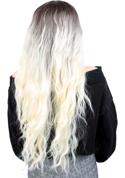 Fiber Sentetik Uzun Su Dalgası Peruk - Kahve -Platin Ombreli fırsatları