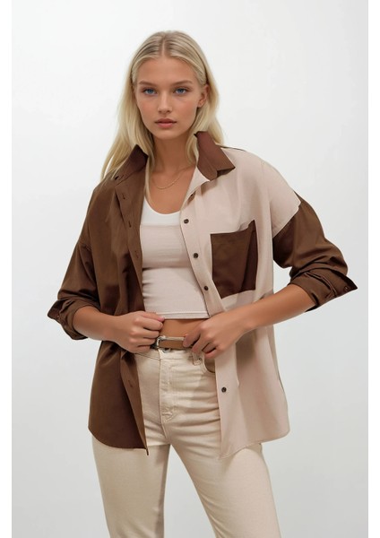 Kadın Kahverengi Krem Renk Bloklu Poplin Basic Gömlek HZL22S-BD1201161 modelleri