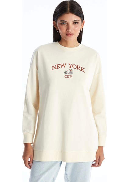 Lcw Modest Bej Bisiklet Yaka Nakışlı Kadın Sweatshirt Tunik