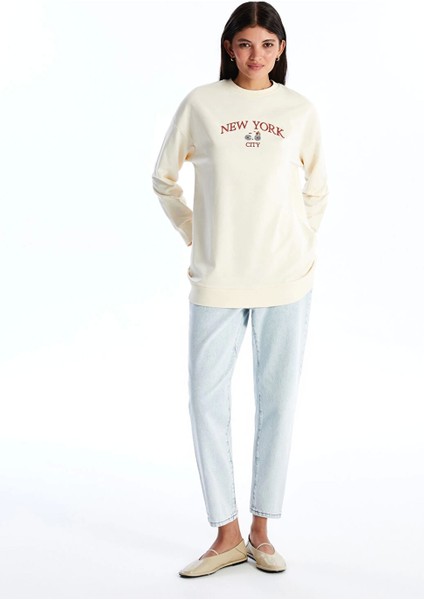 Lcw Modest Bej Bisiklet Yaka Nakışlı Kadın Sweatshirt Tunik modelleri