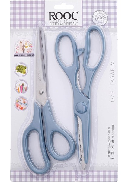 Premium Serisi Ergonomik Saplı Çelik Gıdaya Temasa Uygun 2'li Mutfak Makası, Mavi